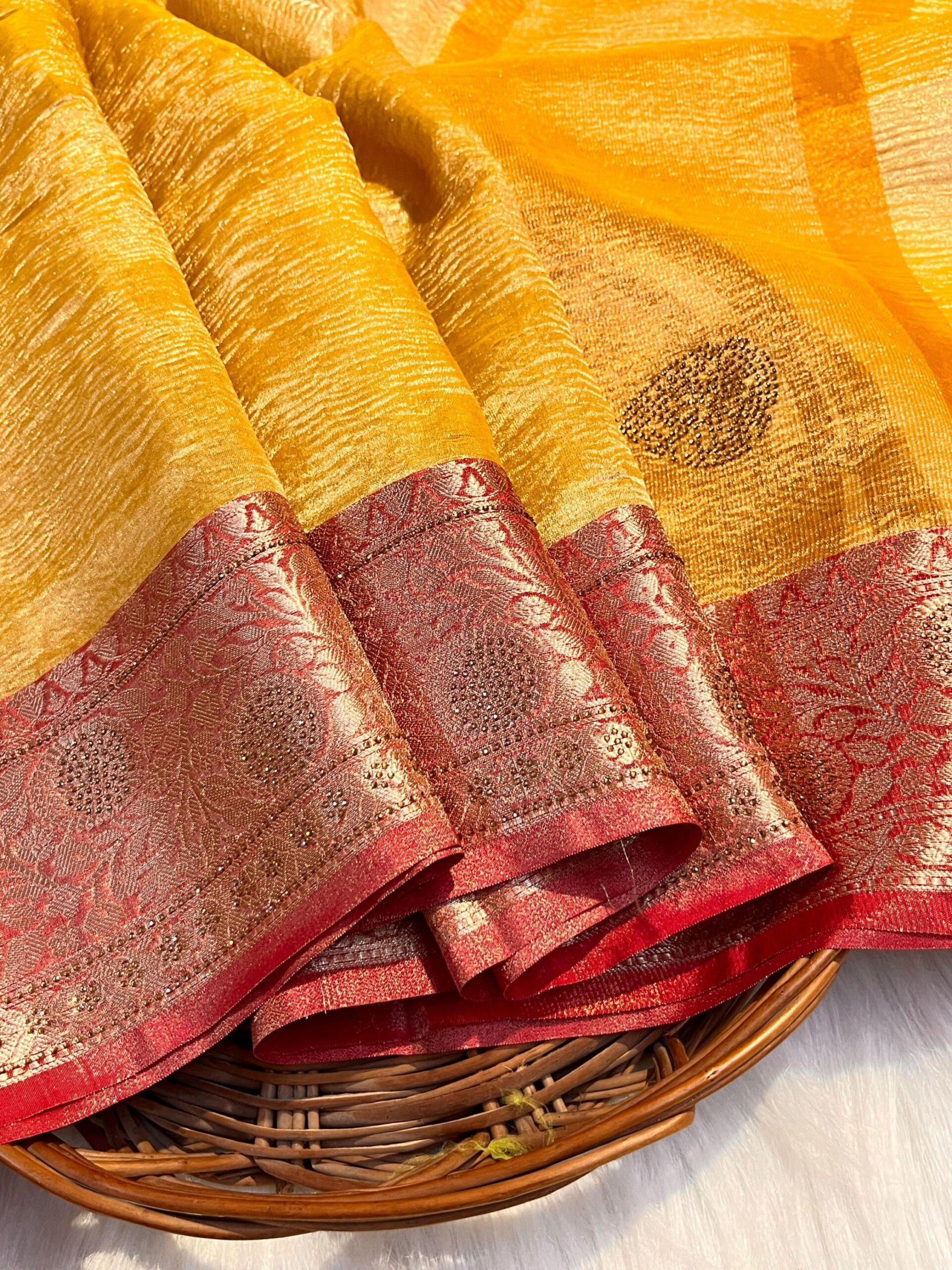 Premium Tissue Crushed Saree with Intricate Stone Work and Elegant Banarasi Finish | Luxury Indian Ethnic Wedding Wear