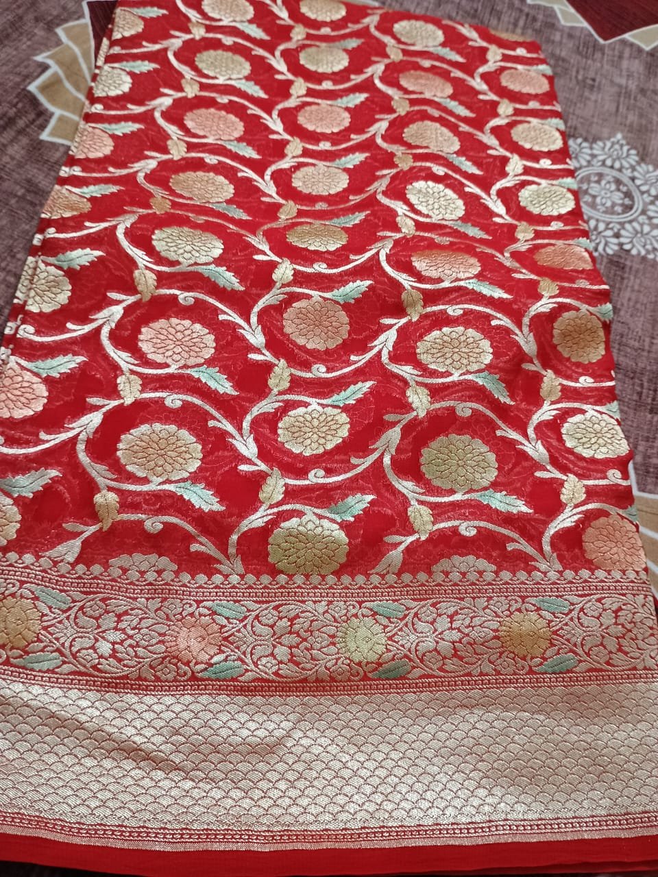 Red Siffone Khadi Saree with Hand Brush Print and Blouse | Luxury Indian Ethnic Wear