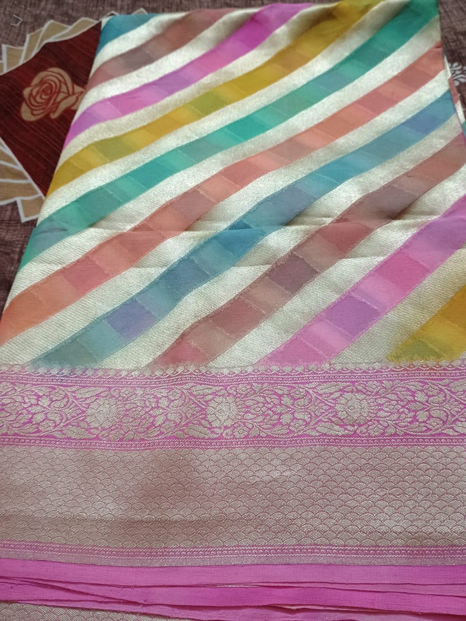 Multicolor Striped Siffone Khadi Silk Saree with Hand Brush Print & Gold Zari Border - Elegant Traditional Wear for Women