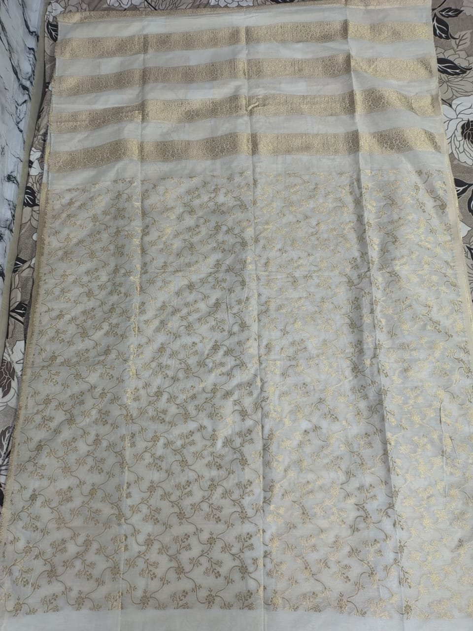 White & Gold Lahenga Choli with Dupatta Border & 1 Meter Blouse Piece