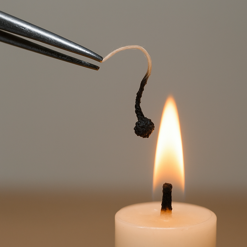 How to Identify Authentic Handloom Banarasi Sarees A controlled burn test photograph showing a silk thread curling and forming a black ball near a candle flame, with a clear visual of the setup — practical and educational