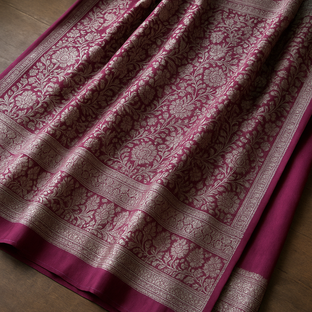How to Identify Authentic Handloom Banarasi Sarees A beautifully draped Banarasi silk saree, shot from above to show the full pallu and all-over weave pattern, soft natural lighting