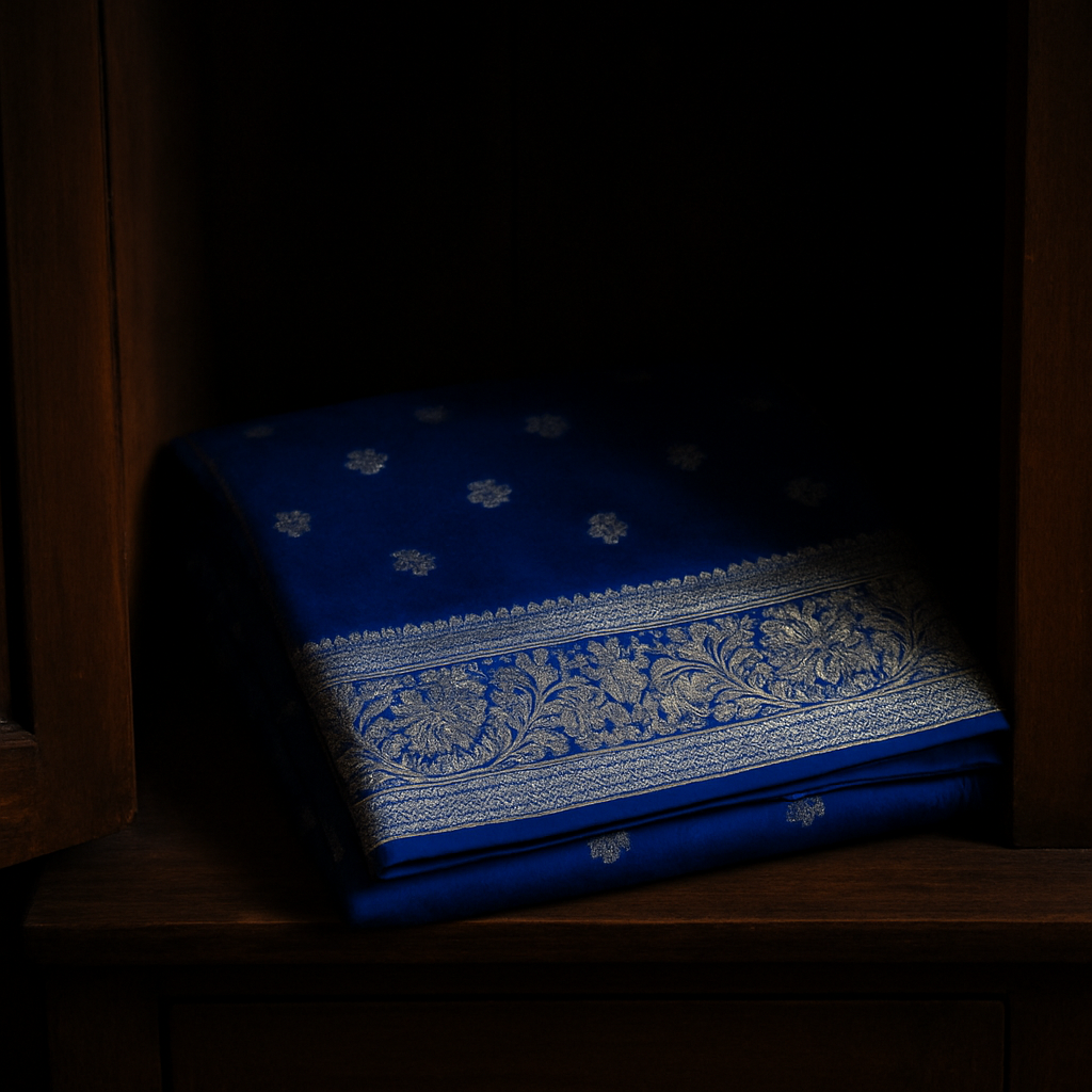 A single Banarasi saree folded and resting in a wooden cupboard