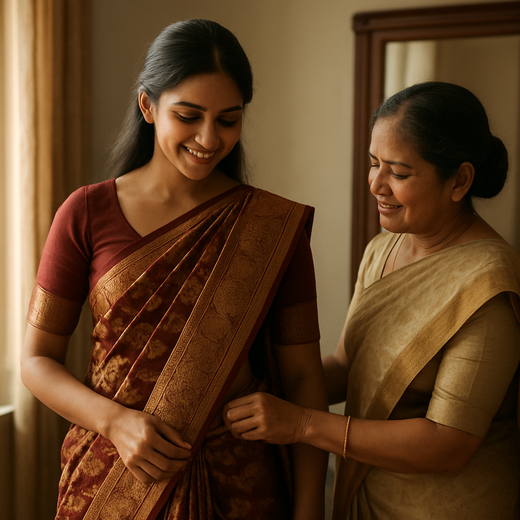 A young woman standing before a mirror, helped by her mother to drape the saree for the first time