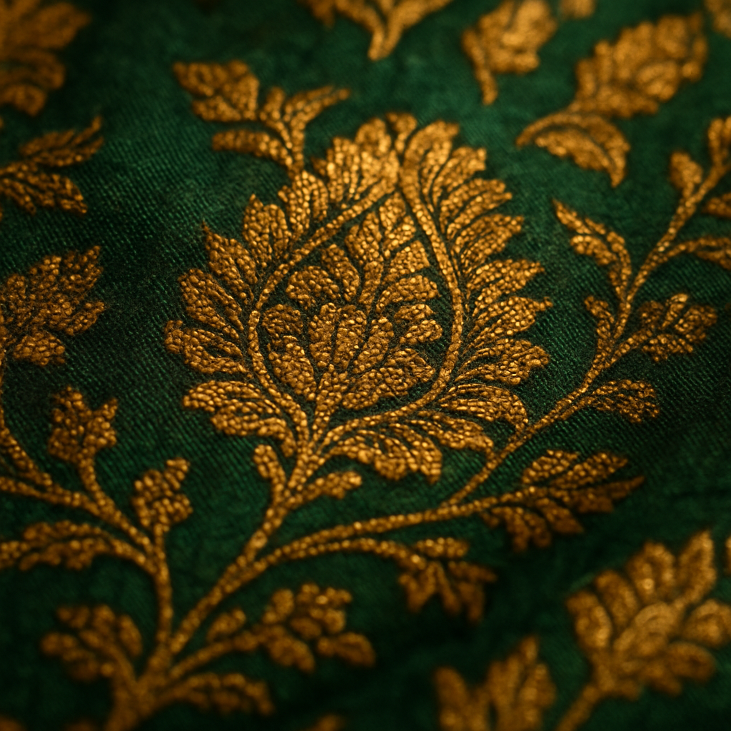A close-up of zari work aged from bright gold to warm amber