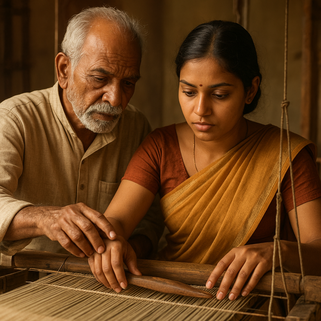  A generational scene — an elderly weaver guiding a younger family member's hands on the loom, passed-down craft visibly demonstrated