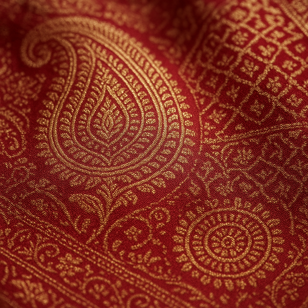  A close-up of traditional Banarasi motifs — the intricate paisley and jali patterns — captured in golden zari work, with spiritual symbols visible