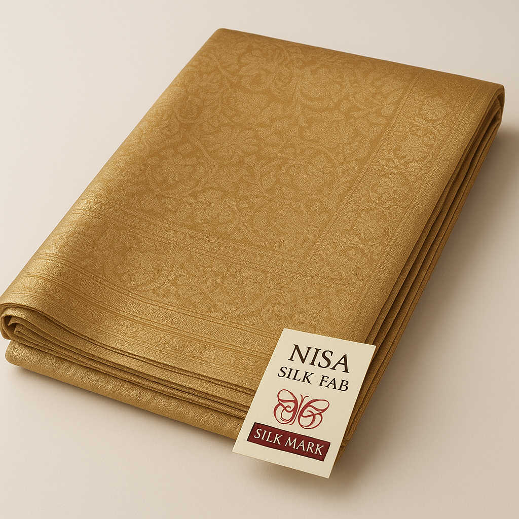  A Nisa Silk Fab saree beautifully displayed, perhaps draped over a mannequin or folded elegantly with the Silk Mark tag visible, showing the full elegance of the product