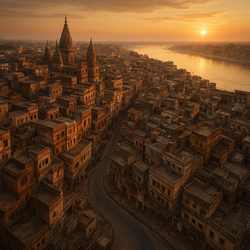  The winding streets of Varanasi seen from above, with temple spires and the glimmer of the Ganges in the distance