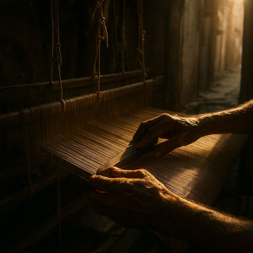  A master weaver's weathered hands working at an old wooden loom, late afternoon light filtering through a humble workshop in Varanasi's narrow lanes