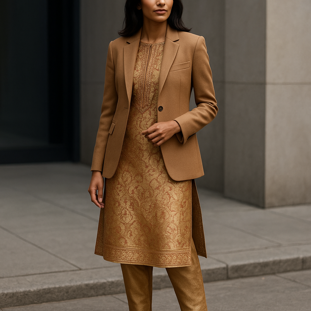 From Kashi to the World: 5 Modern Ways to Style Your Ethnic Suit A modern ethnic suit (kurta and bottom) styled with a tailored camel blazer and pointed-toe flats, photographed in an editorial setting — urban, confident, sophisticated