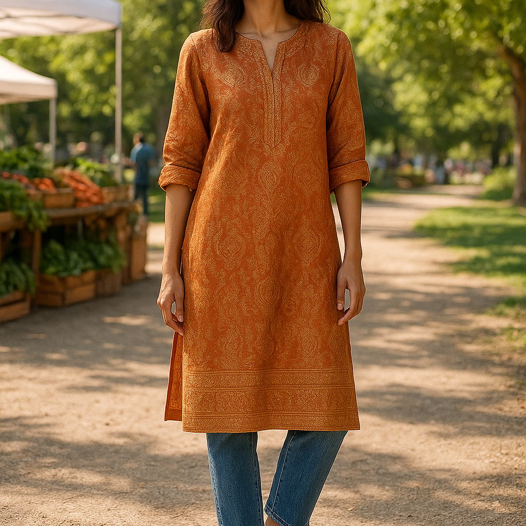From Kashi to the World: 5 Modern Ways to Style Your Ethnic Suit A flowing Banarasi ethnic suit styled with rolled sleeves, straight-leg denim, and leather sandals — relaxed, effortless, with the kurta as the clear focal point