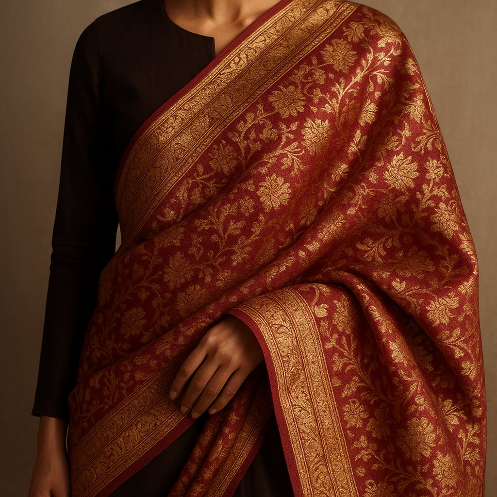 From Kashi to the World: 5 Modern Ways to Style Your Ethnic Suit A richly woven Banarasi dupatta styled as a diagonal drape over an ethnic suit, showing the sculptural quality and movement of the fabric — demonstrating the layering lesson
