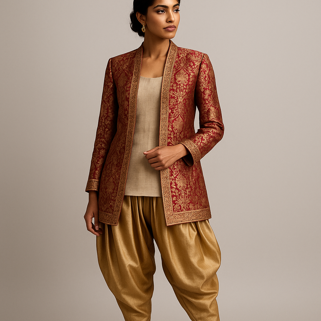 From Kashi to the World: 5 Modern Ways to Style Your Ethnic Suit A Banarasi kurta styled as a jacket over a simple inner top, paired with dhoti pants — a fusion silhouette that honors both traditions and feels entirely contemporary