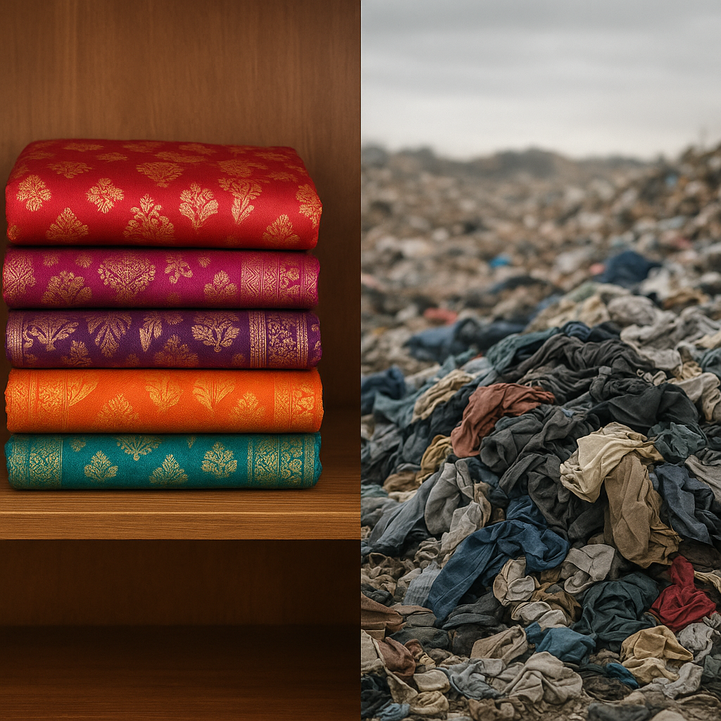 Choosing Slow: How Your Purchase Preserves a 500-Year-Old Legacy A contrast image — left side: neatly folded handwoven Banarasi sarees; right side: fast fashion items in a landfill pile — making the environmental and human cost of the choice visible and visceral