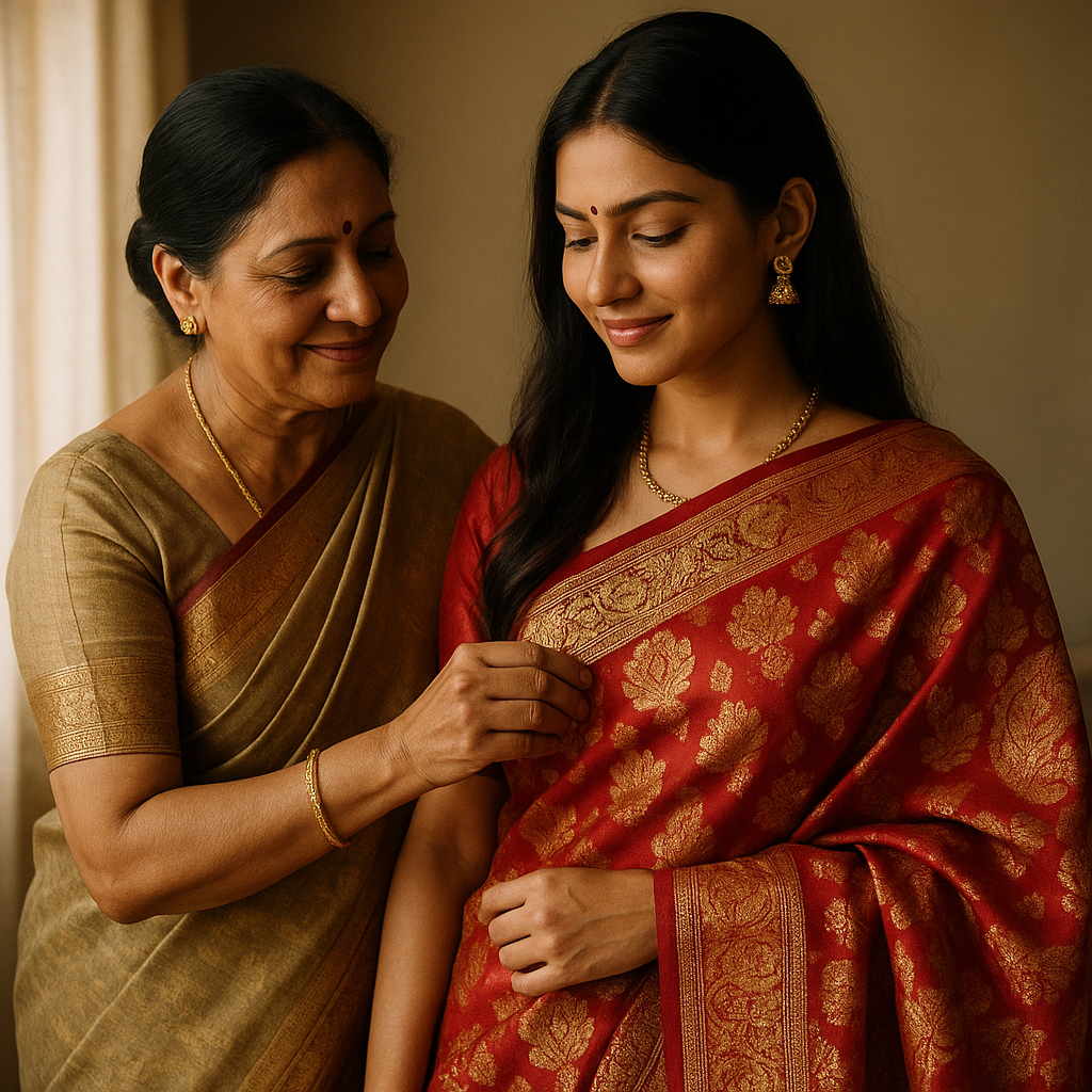 Choosing Slow: How Your Purchase Preserves a 500-Year-Old Legacy A mother and daughter, generations apart, both wearing the same handwoven Banarasi saree — visually representing the heirloom quality and generational legacy the post discusses