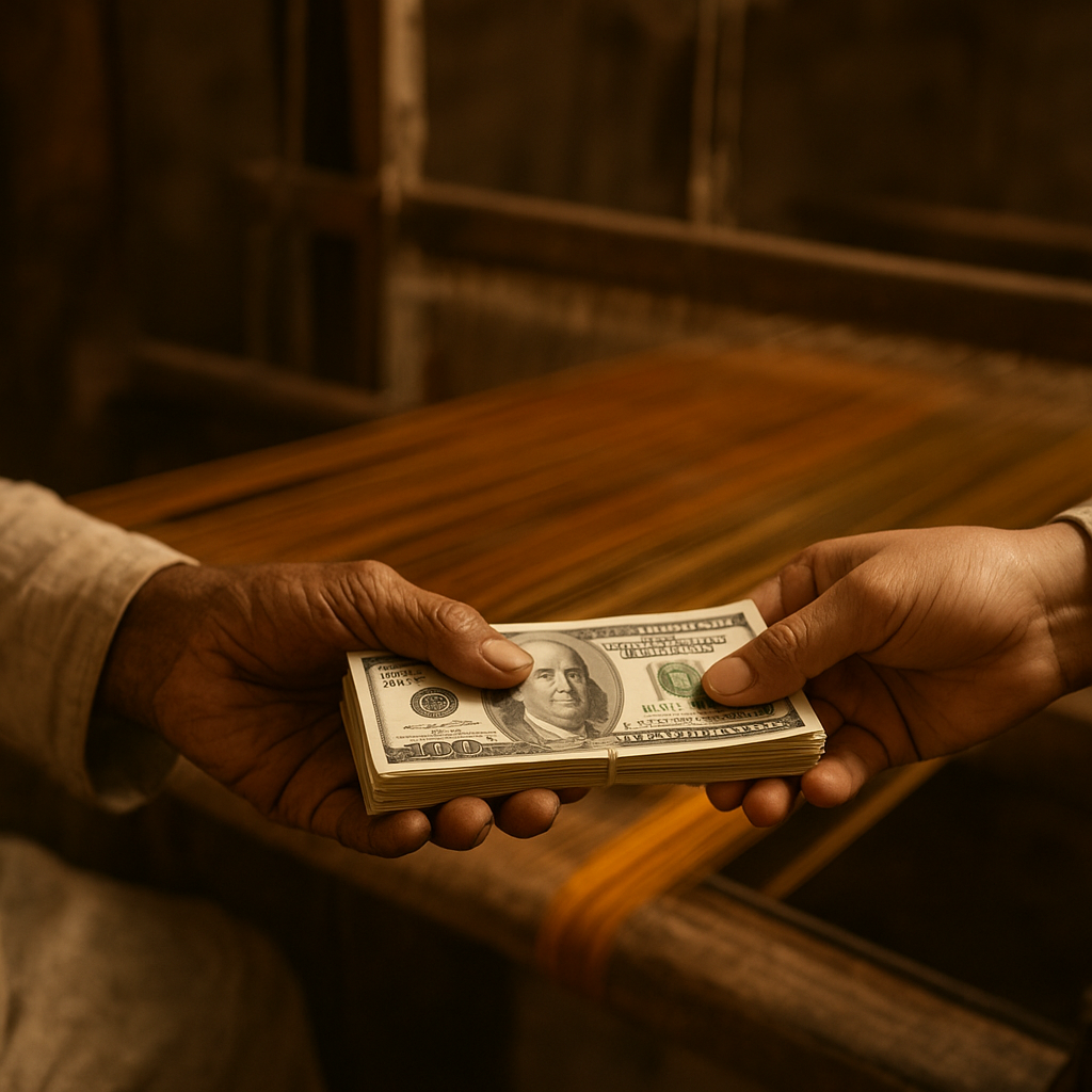 Choosing Slow: How Your Purchase Preserves a 500-Year-Old Legacy A weaver's hands receiving fair payment — a dignified, respectful transaction — symbolizing the economic impact of fair-wage purchasing on individual families and communities